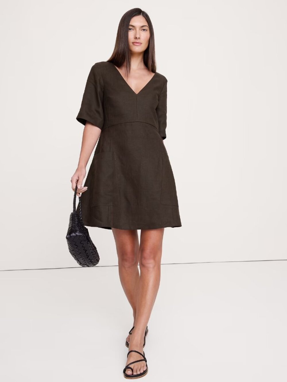 Banana Republic Brown 100% Linen Pocket Mini Dress Brand New Never Worn